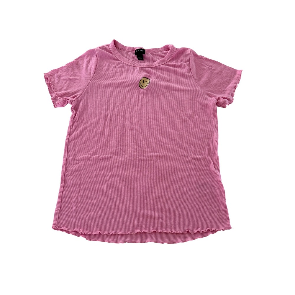 Art Class Girls Pink Ribbed Winking Smiley Face Lettuce Trim Shirt Size L 10/12